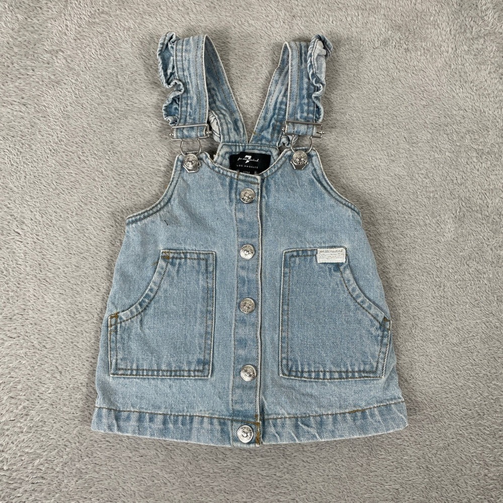 7 For All Mankind Denim Jumper Dress Baby Girls 12M Blue Ruffle Straps Button Up